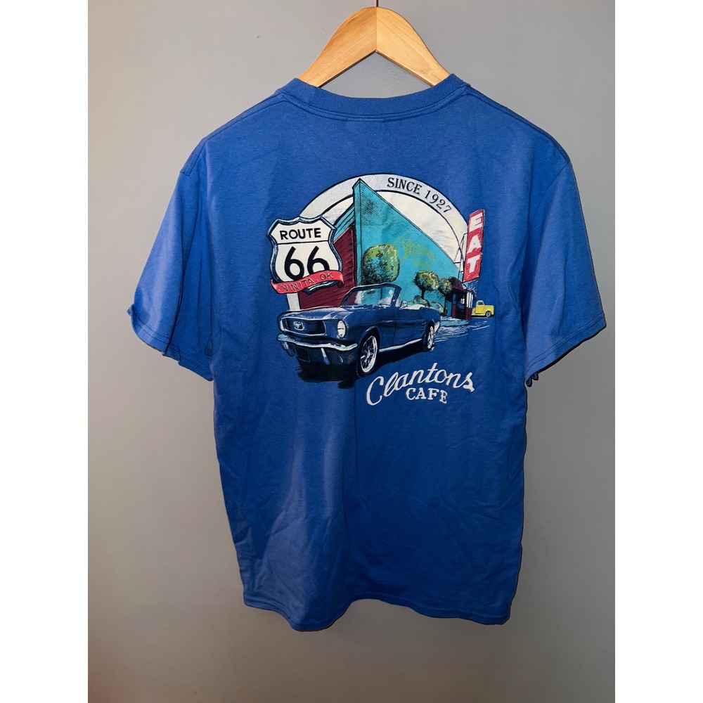 Port and Company Clanton's Cafe Route‎ 66 Vinita OK Mustang Graphic Tee Blue M